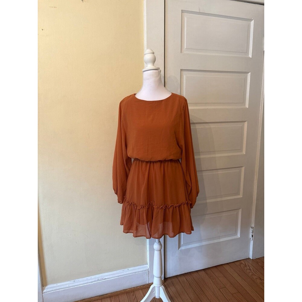 Womens long sleeve rust orange mini dress ruffled hem long sleeve fall pumpkin